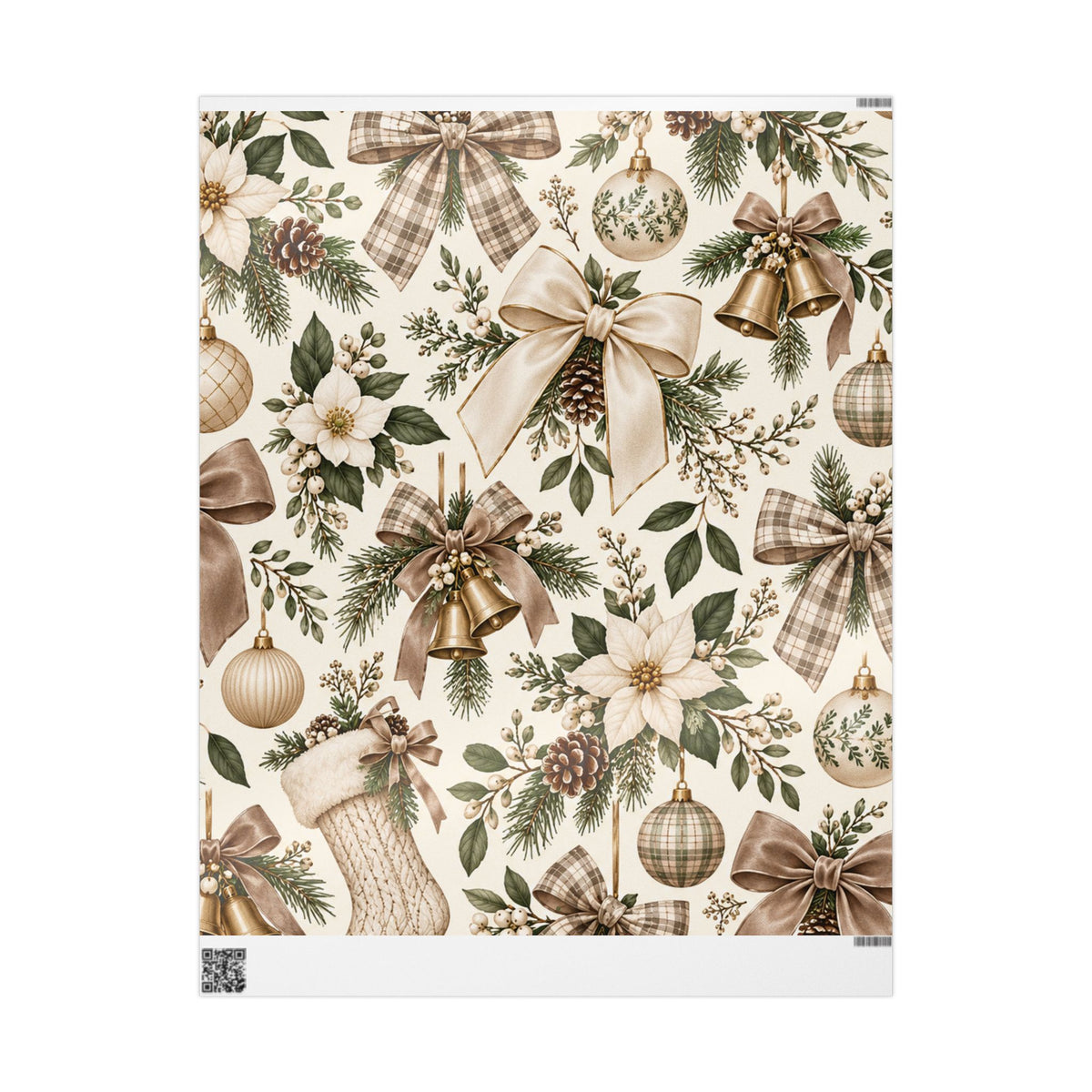 Christmas Wrapping Paper Roll — Neutral Vintage Holiday Bows, Stockings & Ornaments Pattern