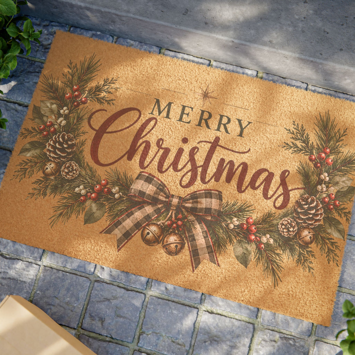 Merry Christmas Evergreen Pinecone Holiday Doormat