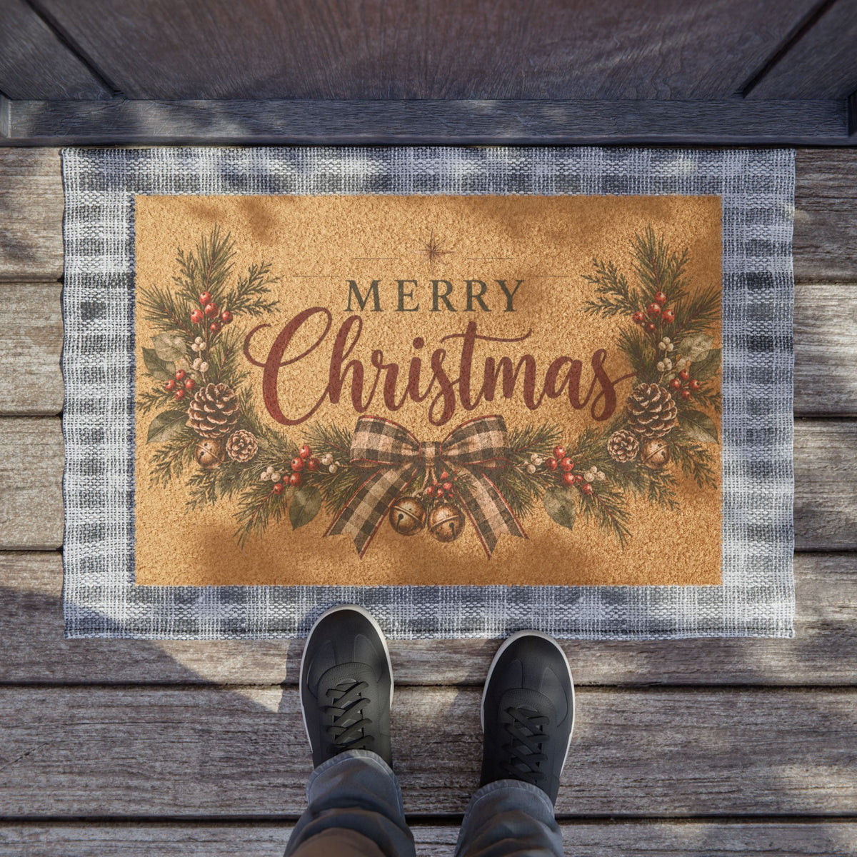 Merry Christmas Evergreen Pinecone Holiday Doormat