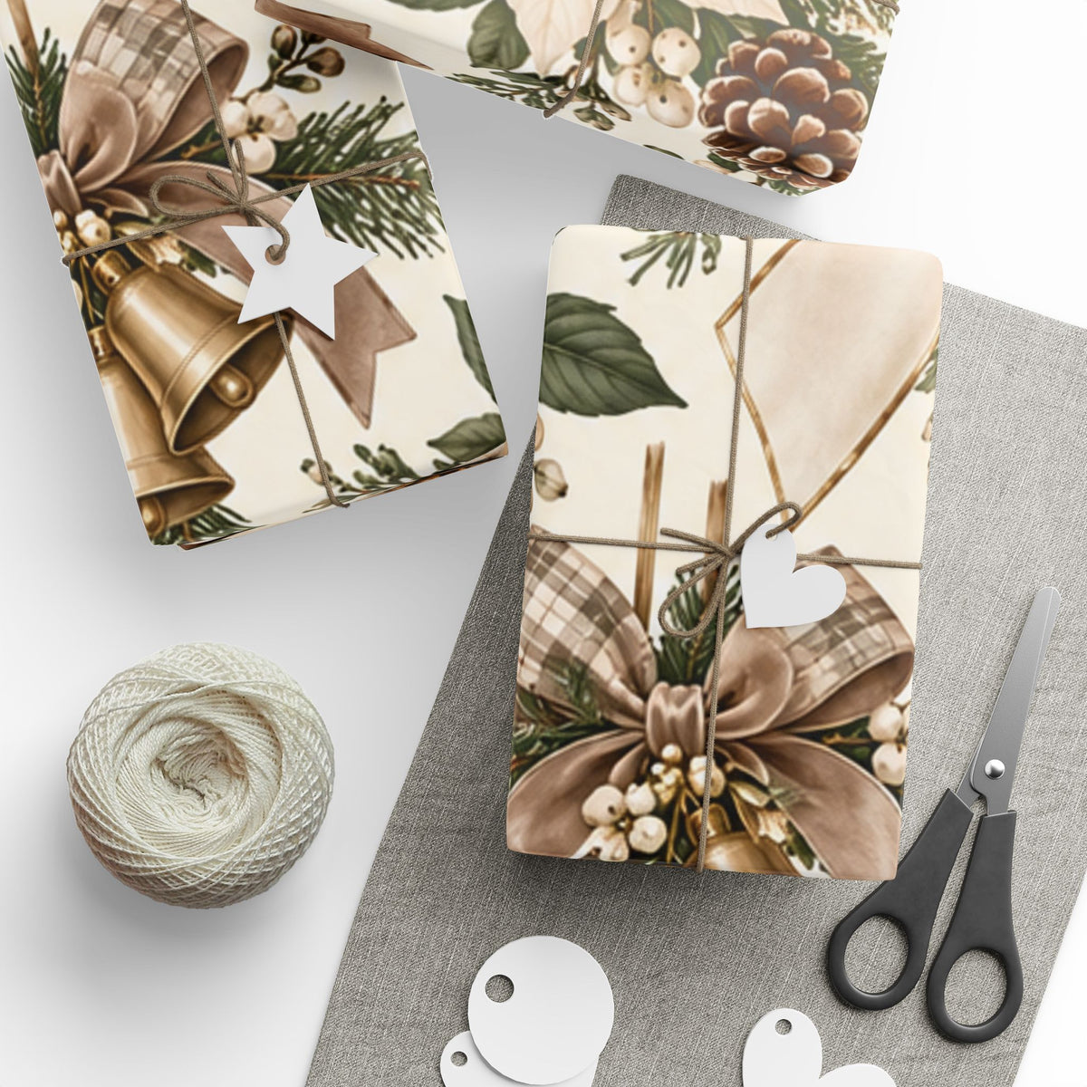 Christmas Wrapping Paper Roll — Neutral Vintage Holiday Bows, Stockings & Ornaments Pattern