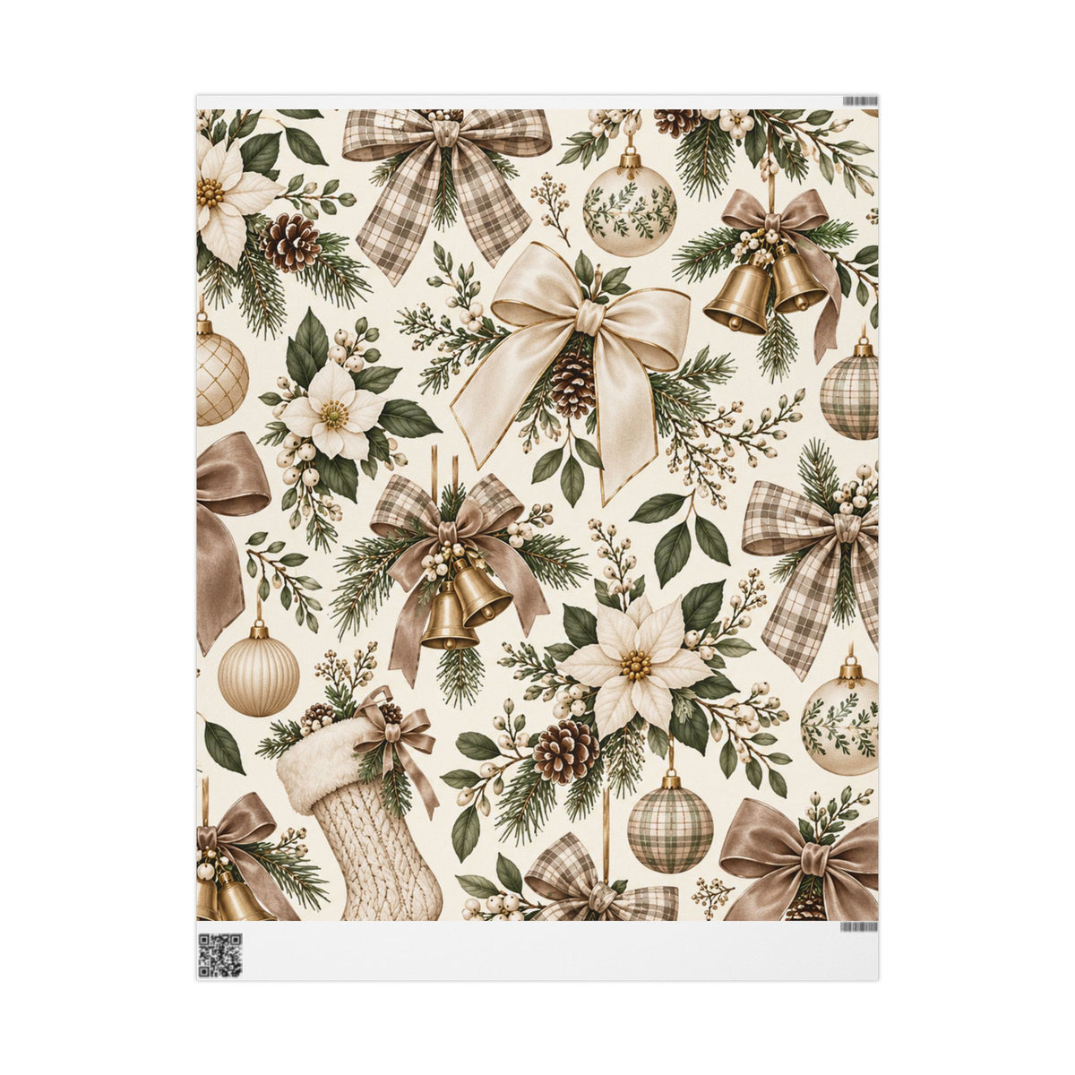 Christmas Wrapping Paper Roll — Neutral Vintage Holiday Bows, Stockings & Ornaments Pattern
