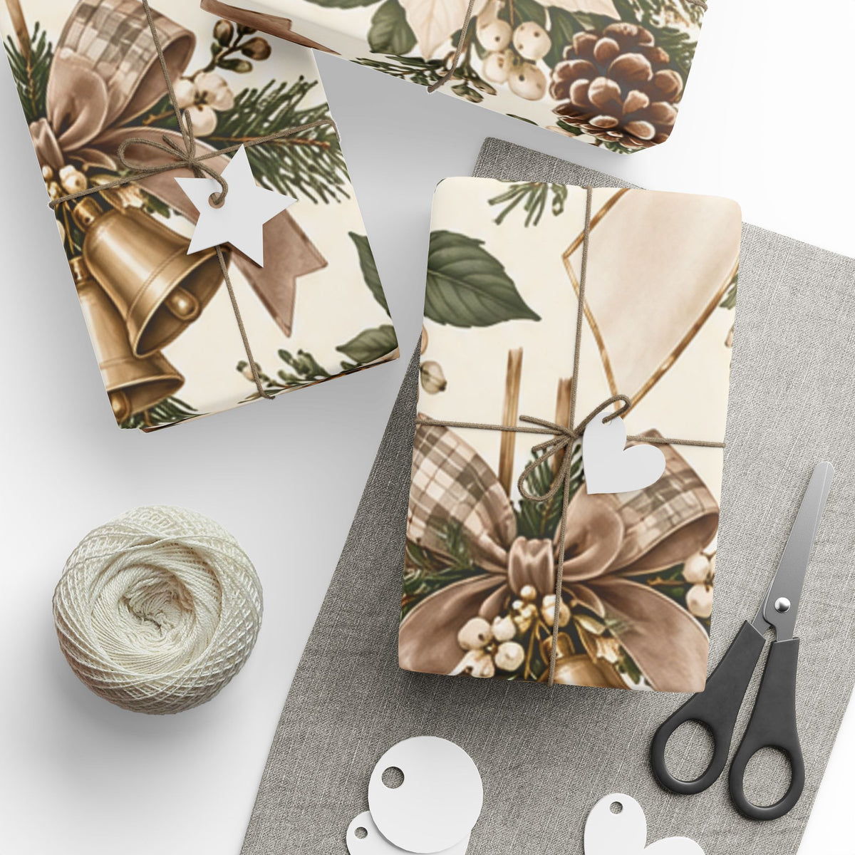 Christmas Wrapping Paper Roll — Neutral Vintage Holiday Bows, Stockings & Ornaments Pattern