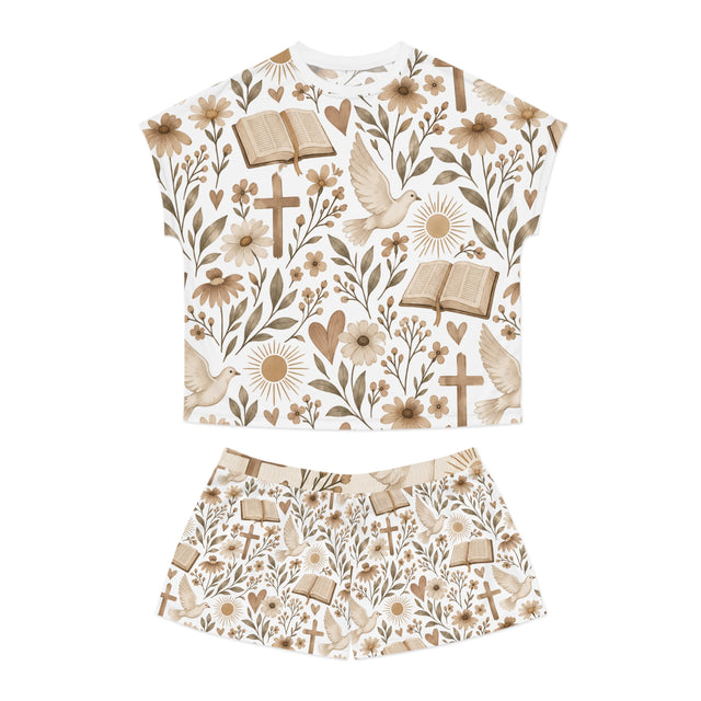 Christian Floral Pajama Set - Dove, Bible & Cross Women's Short Sleepwear