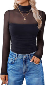 Sheer Long Sleeve Turtleneck Bodysuit